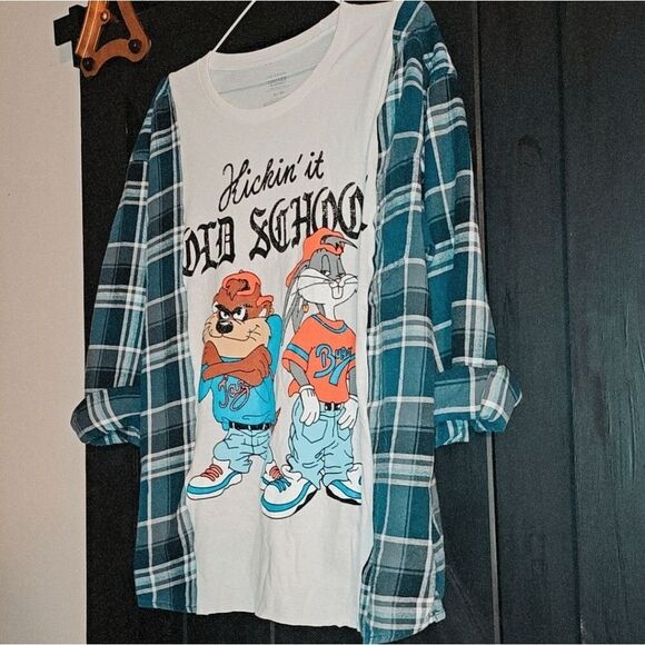Reworked Tshirt Top Y2k Unisex Fit Size XL Custom Sewn Graphic Flannel Cartoon - Picture 2 of 4